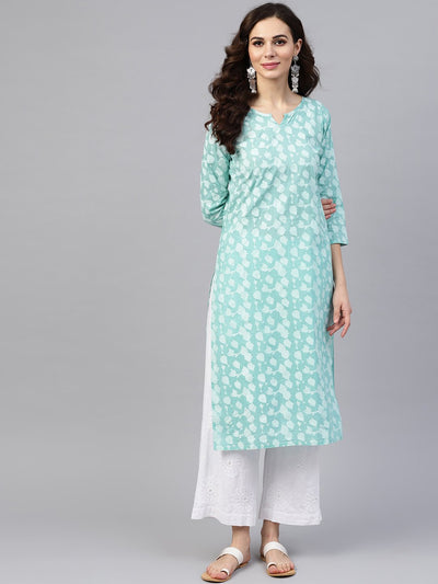 Blue printed 3/4th sleeve cotton printed straight kurta