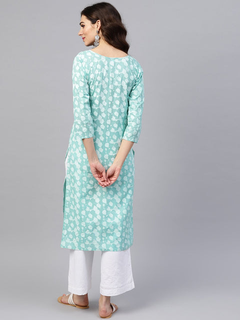 Blue printed 3/4th sleeve cotton printed straight kurta