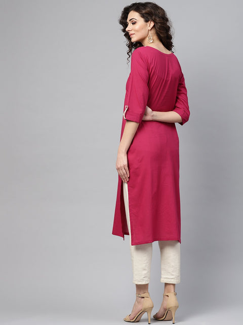 Red 3/4th sleeve yoke printed cotton straight kurta