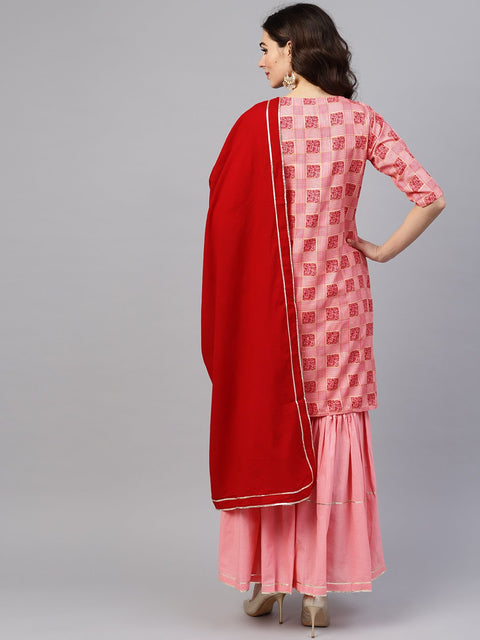 Peach 3/4th sleeve printed kurta set with sharara and red dupatta