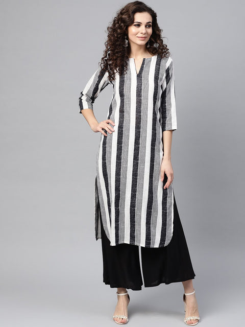Black & White striped printed 3/4th sleeve cotton kurta