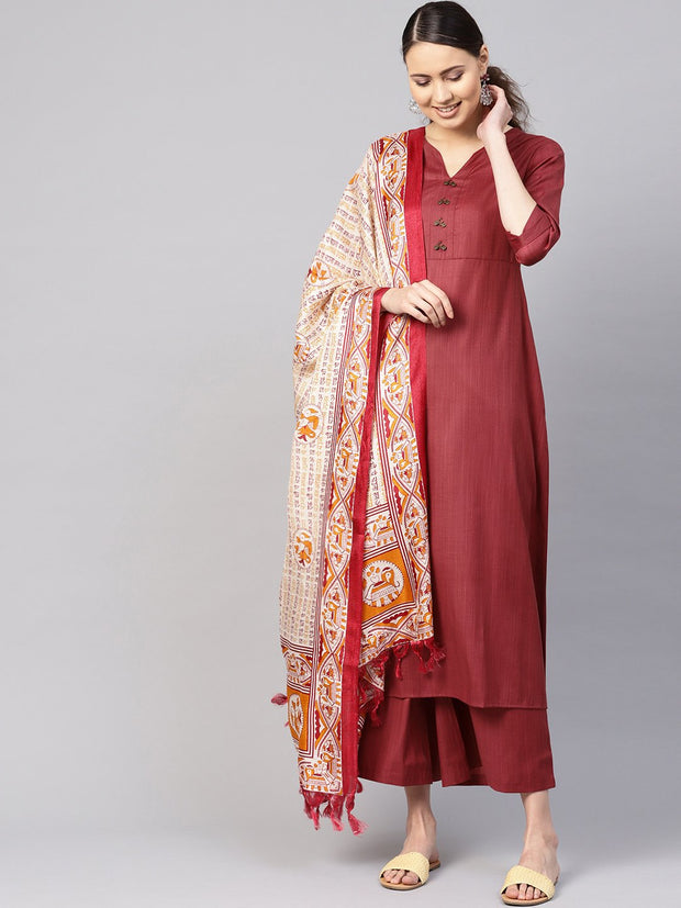 Women Rust Red Solid Kurta with Palazzos & Dupatta