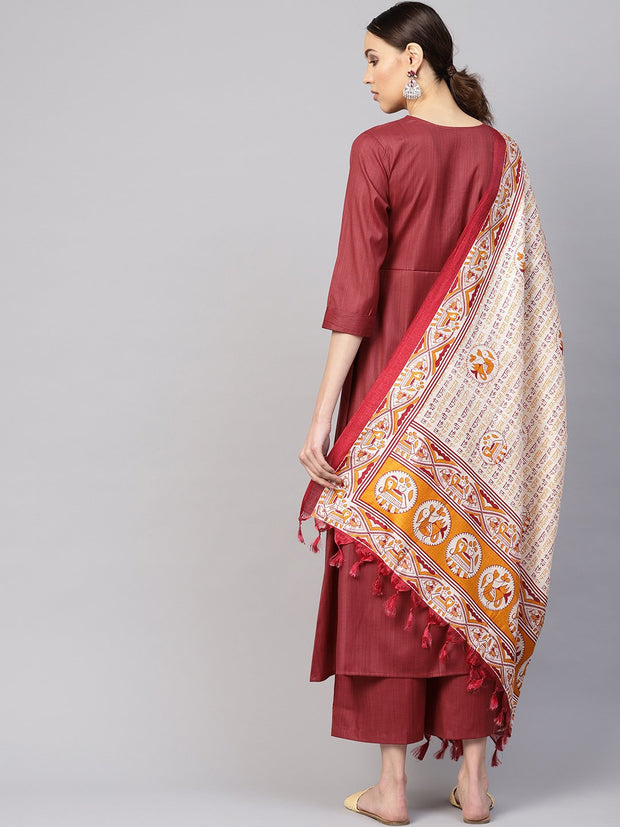 Women Rust Red Solid Kurta with Palazzos & Dupatta