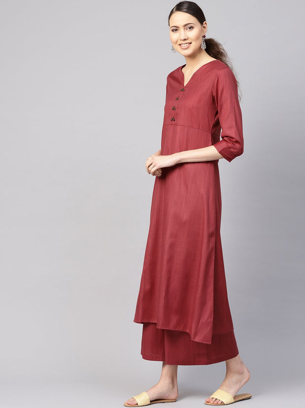 Women Rust Red Solid Kurta with Palazzos & Dupatta