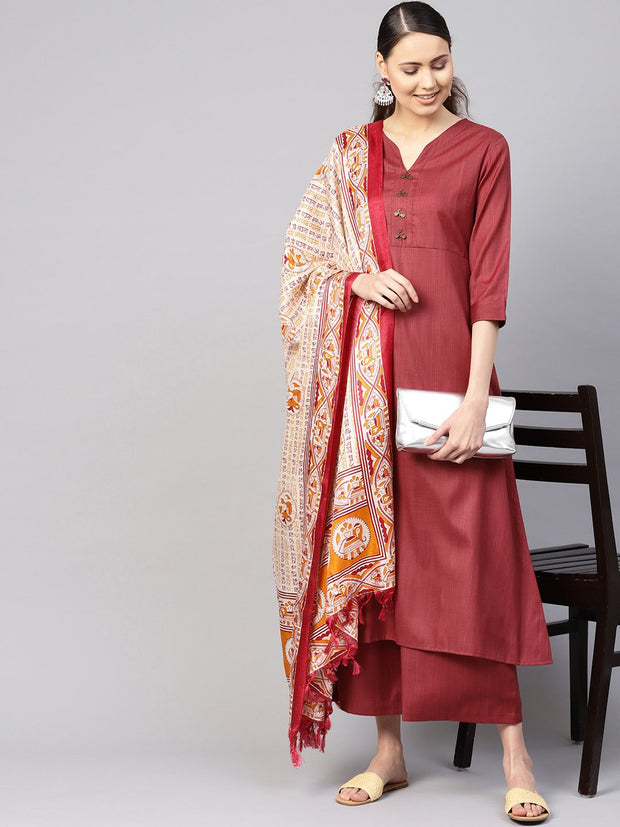 Women Rust Red Solid Kurta with Palazzos & Dupatta