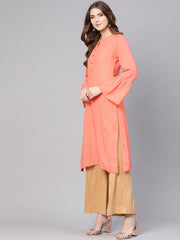 Women Peach-Coloured Woven Design Straight Kurta