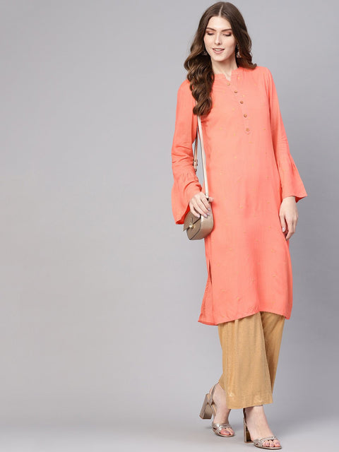 Women Peach-Coloured Woven Design Straight Kurta