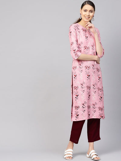 Women Pink & Burgundy Printed Kurta with Trousers