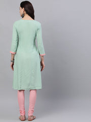 Women Pastel green and pink embroidered boat neck with v-slit 3/4th sleeves  kurta with pink churidar