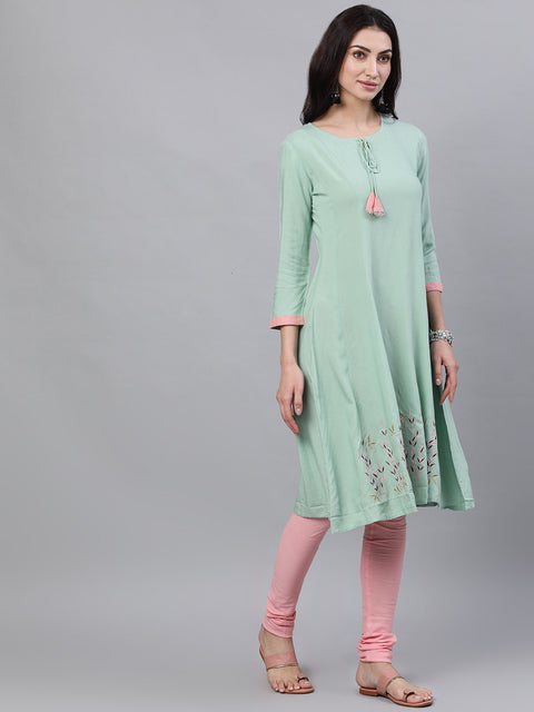 Women Pastel green and pink embroidered boat neck with v-slit 3/4th sleeves  kurta with pink churidar