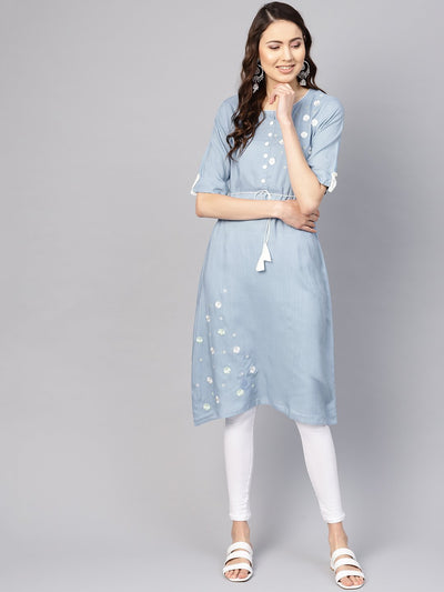 Nayo Blue embroidered  round neck hald sleeves kurta dress