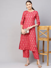 Women Red & Golden Printed Kurta with Trousers