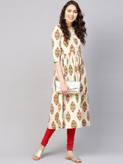 Women Off-White & Green Printed Midi Fit and Flare Dress