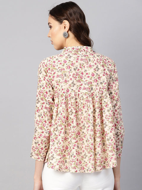 Women Beige & Pink Printed Shirt Style Top