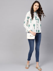 Women White & Green Printed Shirt Style Top