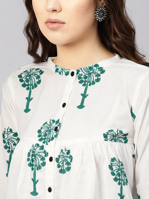 Women White & Green Printed Shirt Style Top