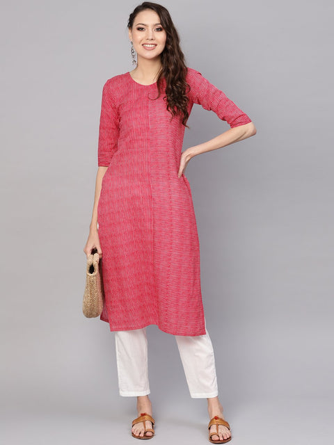 Women Red & White Striped Kurta with Trousers