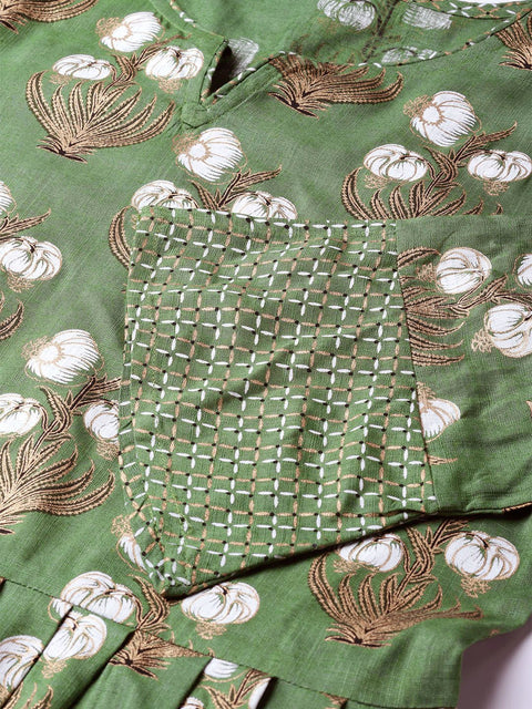 Women Green & White Printed A-Line Tunic