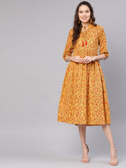 Women Mustard Yellow & Red Printed A-Line Dress