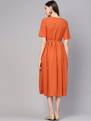 Women Rust Orange Solid A-Line Dress
