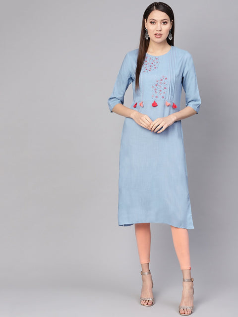 Women Blue Embroidered Detail Straight Kurta