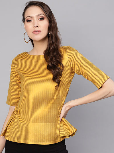 Women Mustard Yellow & Brown Striped A-Line Top