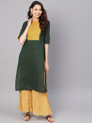 Women Green & Yellow Yoke Design Straight Kurta
