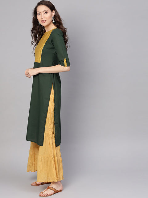 Women Green & Yellow Yoke Design Straight Kurta