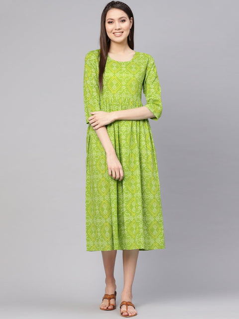 Women Green & Yellow Bandhej Printed A-Line Dress