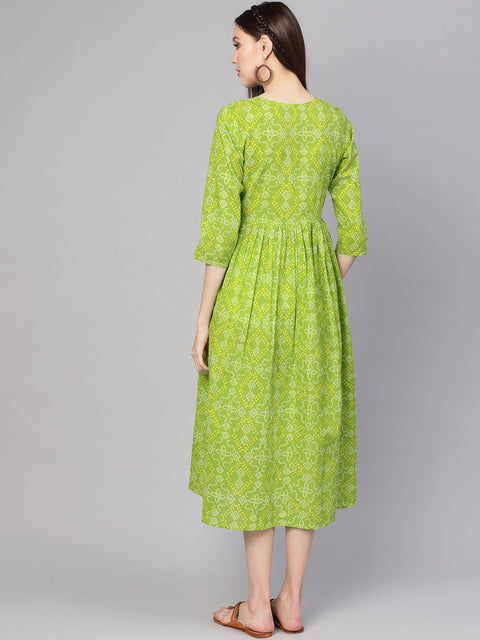 Women Green & Yellow Bandhej Printed A-Line Dress