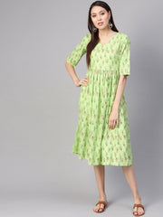 Women Green & Pink Printed A-Line Dress