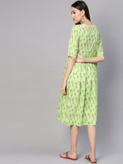 Women Green & Pink Printed A-Line Dress