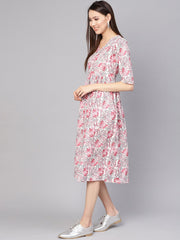 Women Off-White & Pink Printed A-Line Dress