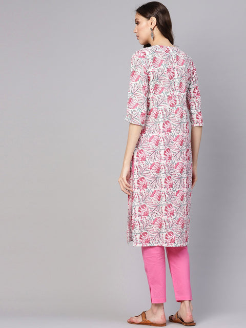 Women White & Pink Printed Kurta with Trousers