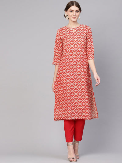 Women Red geometrical printed round neck 3/4th sleeve kurta with cigratte pant