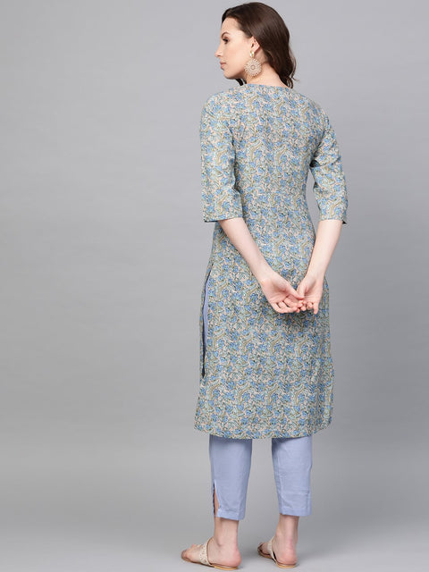 Nayo Women Blue Three-Quarter Sleeves Printed Straight Pure Cotton Kurta with Trouser Set