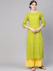 Women Green & Yellow Bandhani Print Kurta with Palazzos