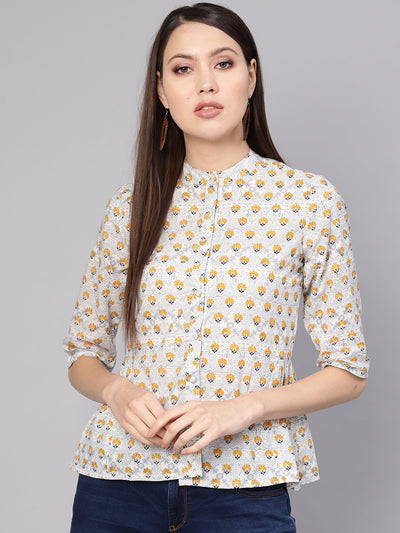 Women Blue & Mustard Yellow Printed Shirt Style Top