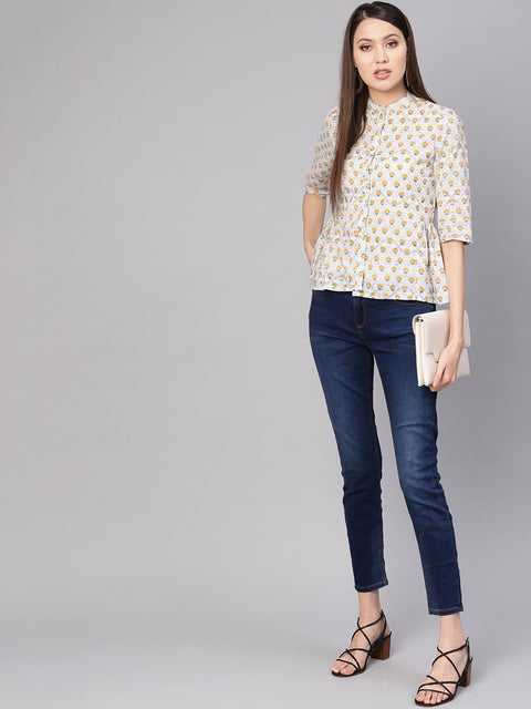 Women Blue & Mustard Yellow Printed Shirt Style Top