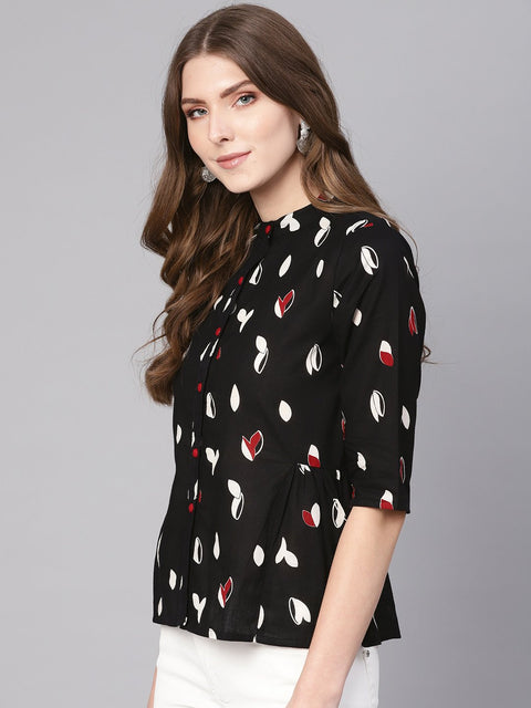 Women Black & White Printed Shirt Style Top