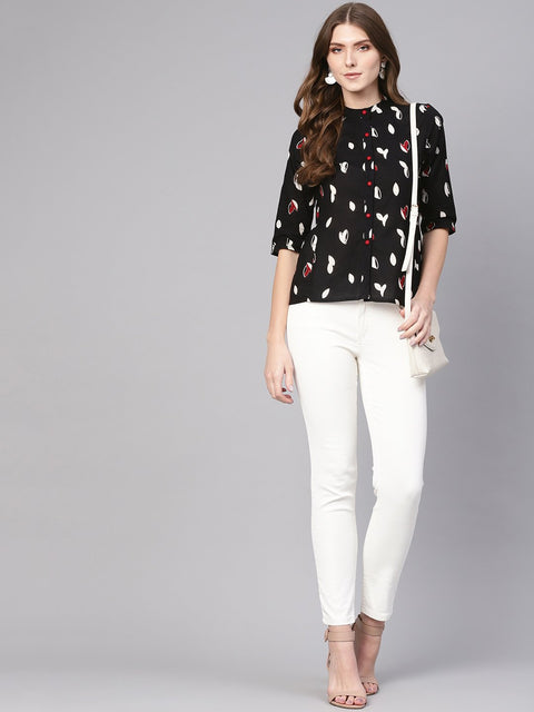 Women Black & White Printed Shirt Style Top