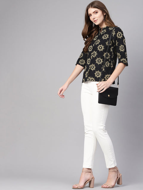 Women Black & Cream-Coloured Printed Shirt Style Top