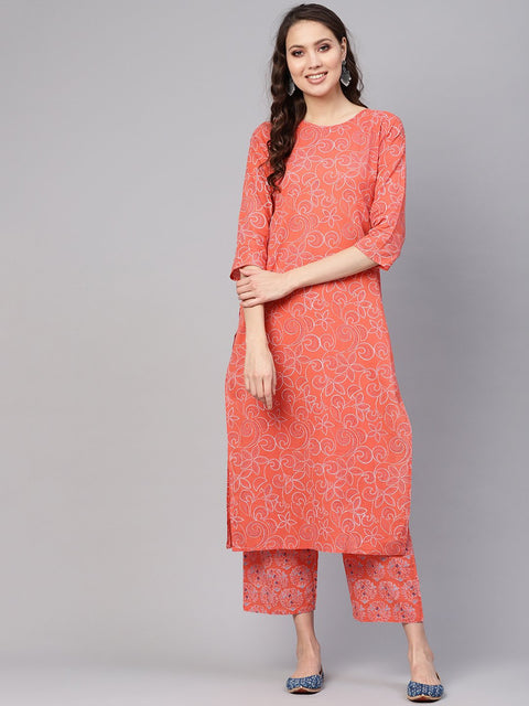 Nayo Women Coral Three-Quarter Sleeves Printed Straight Pure Cotton Kurta with Trouser Set