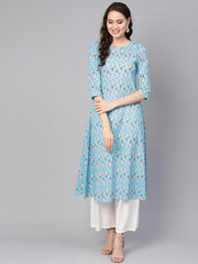 Women Blue & White Printed Kurta with Palazzos