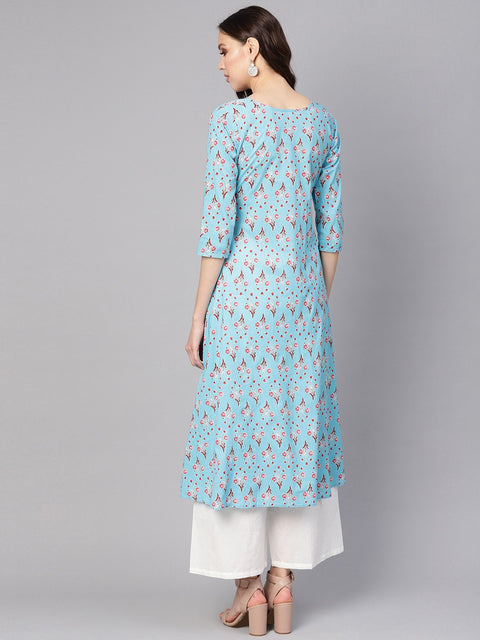 Women Blue & White Printed Kurta with Palazzos