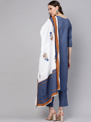 Women Blue & White Printed Kurta with Trousers & Dupatta