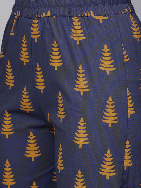 Nayo Women Navy Blue Sleeveless Printed Straight Pure Cotton Kurta with Trouser Set