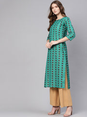 Women Green & Brown Printed Straight Kurta