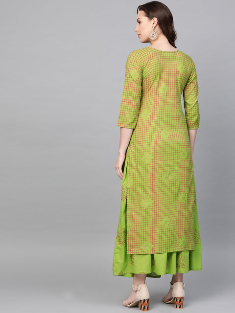 Nayo Women Green Three-Quarter Sleeves Printed Straight Pure Cotton Kurta Skirt Set