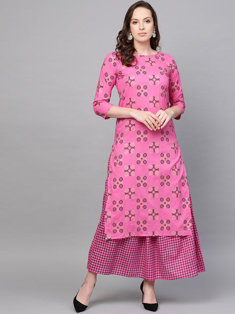 Nayo Women Pink Three-Quarter Sleeves Printed Straight Pure Cotton Kurta and Skirt Set